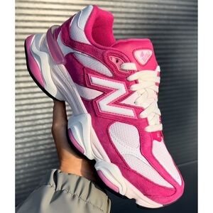 . New Balance Womens Fuschia Pink/White Suede 9060 Sneakers